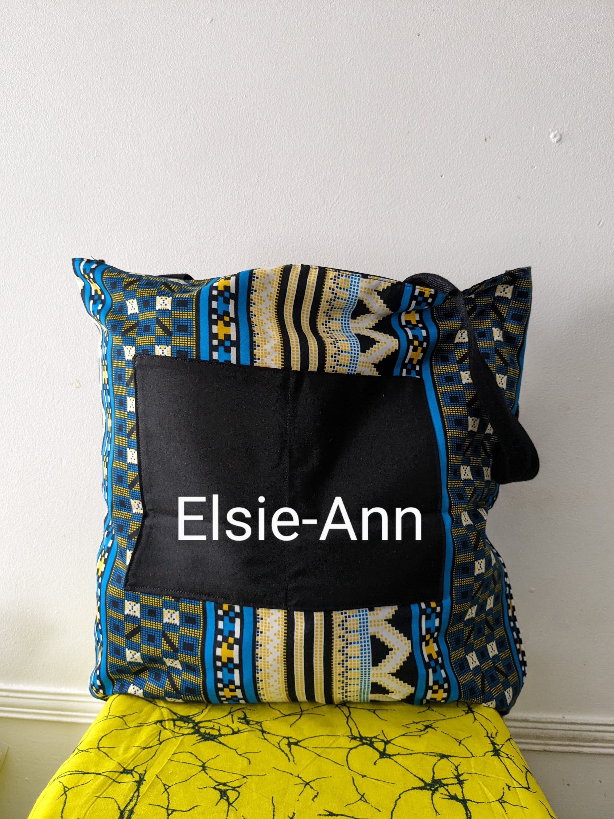 Lined Turquoise Blue, Yellow and Black Tote Bag with Outside Pocket