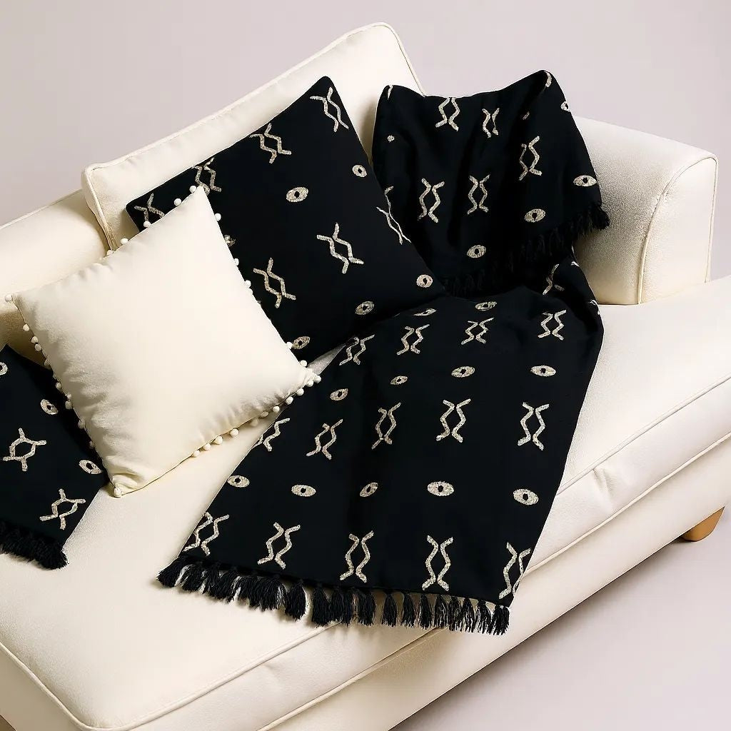 Black  Mud Cloth Symbol Tribal Throw Blanket