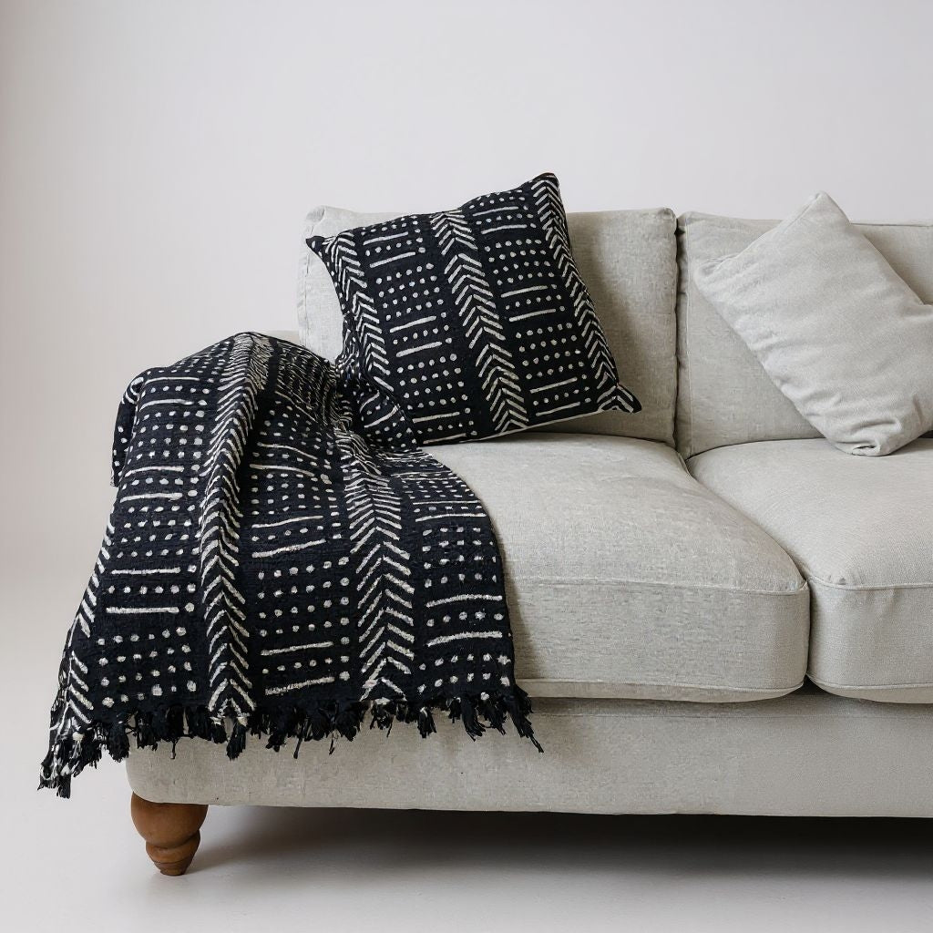 Black Mud Cloth Ethnic Tribal Throw Blanket