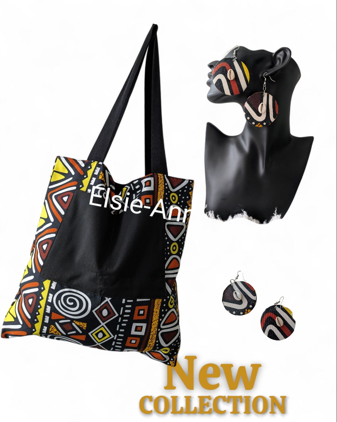 Lined brown black and yellow tote bag with matching earrings