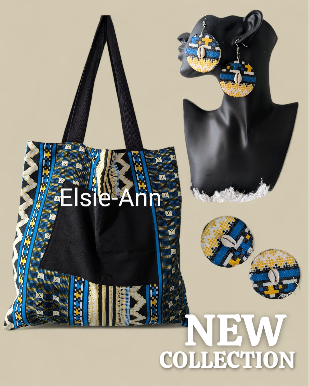 Lined turquoise blue, yellow and black  tote bag with matching earrings