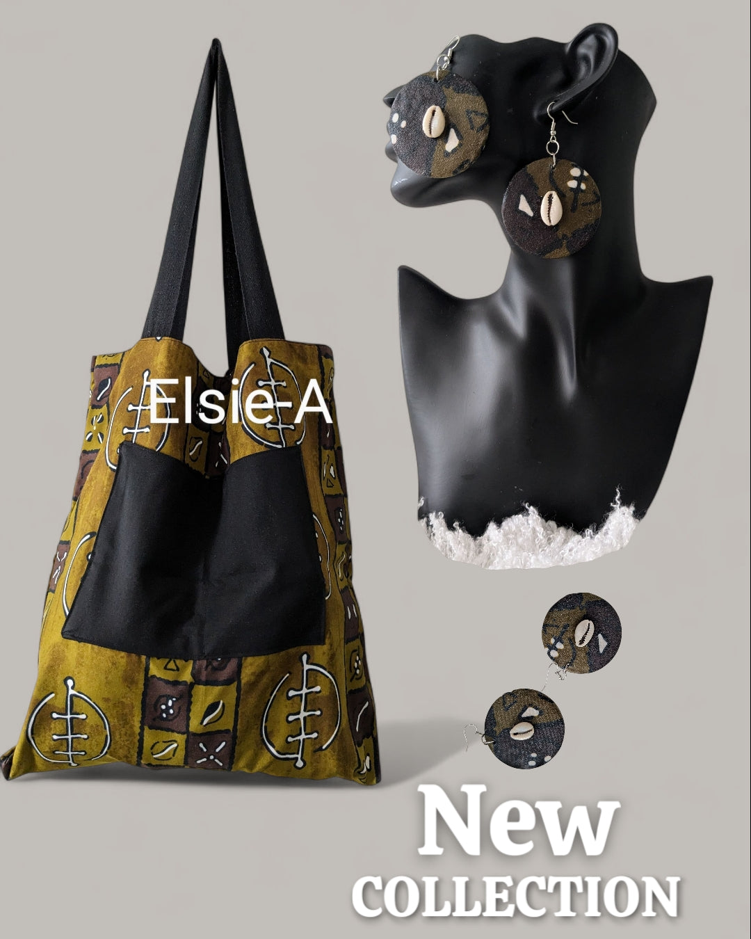 Lined olive green, black & white  tote bag with matching earrings