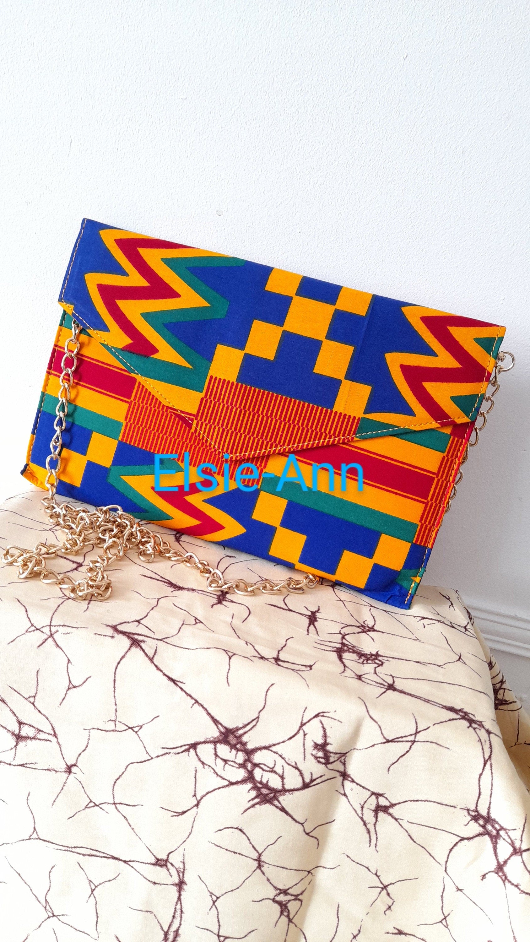 African Wax Print Ankara Kente Clutch Bag with Chain