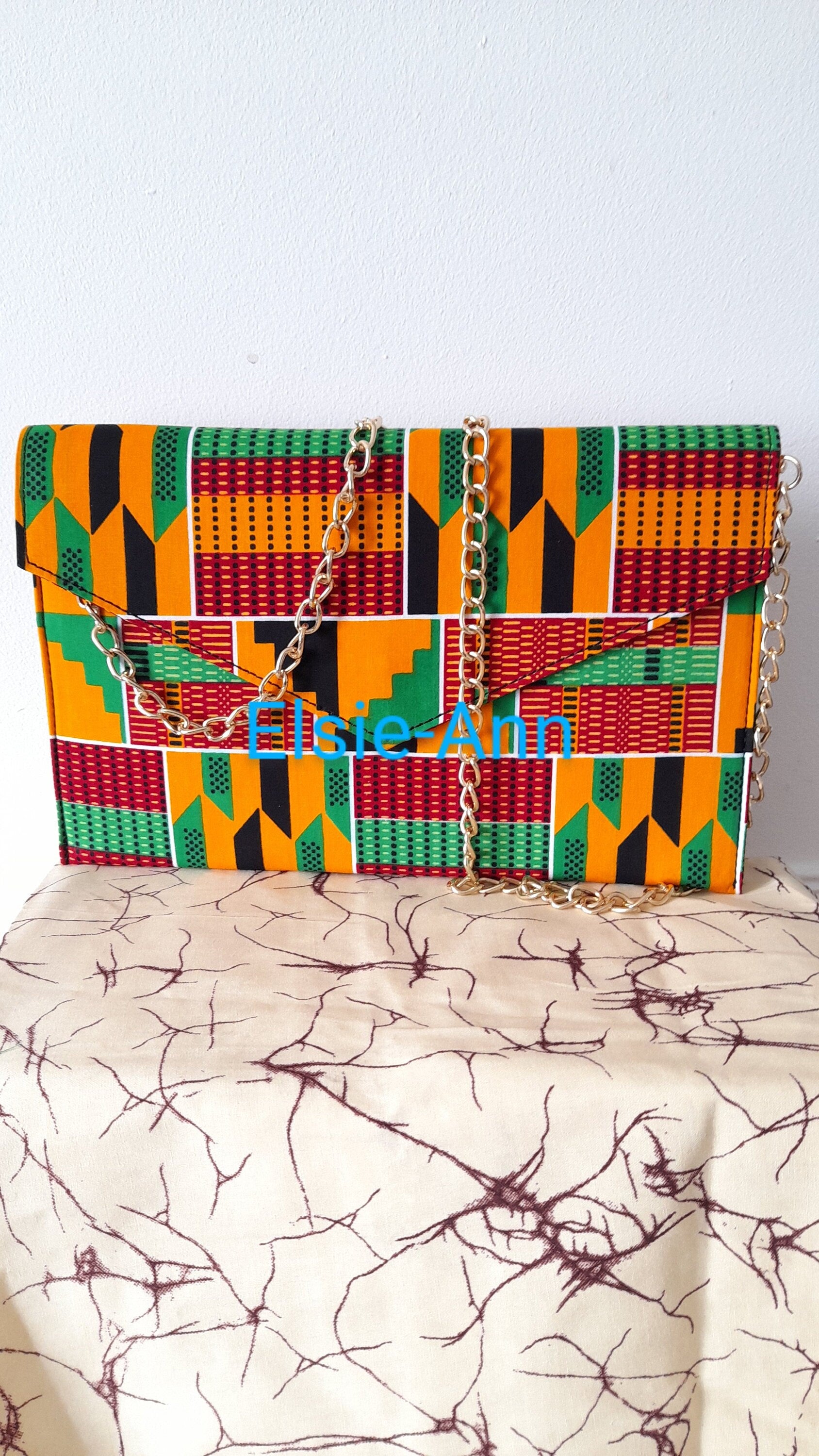 African Wax Print Ankara Kente Clutch Bag with Chain