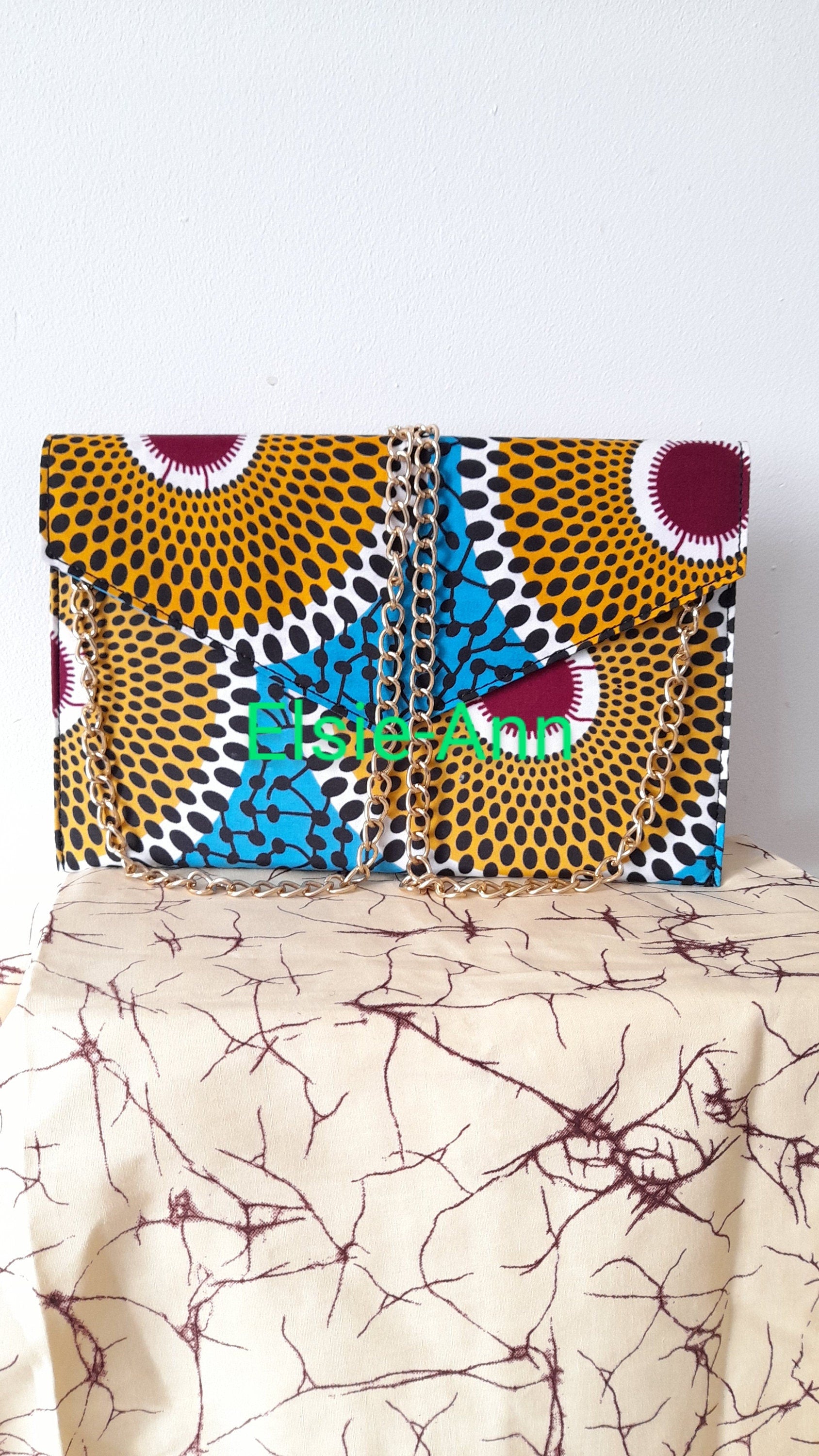 African Wax Print Ankara Kente Clutch Bag with Chain