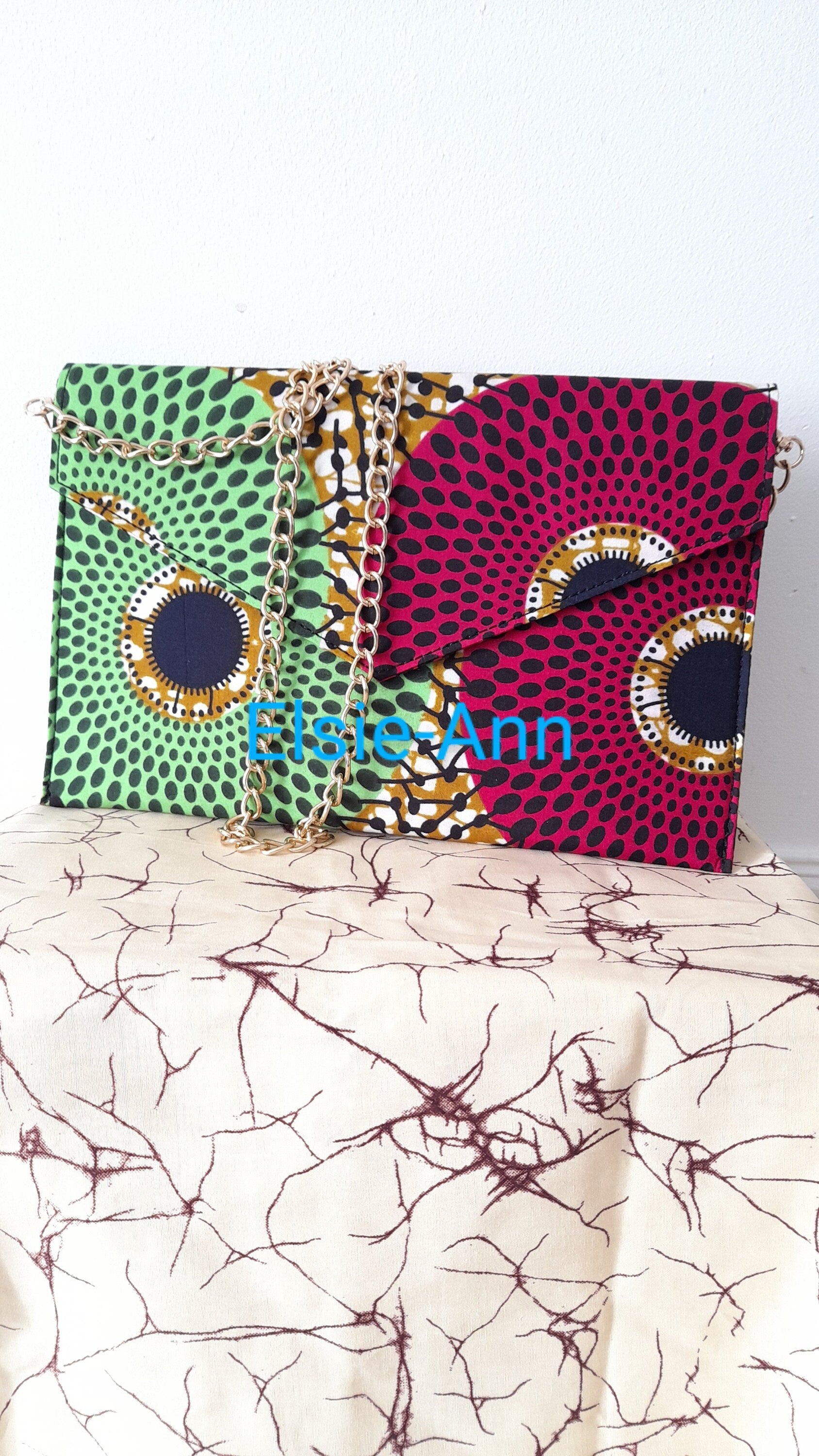 African Wax Print Ankara Kente Clutch Bag with Chain