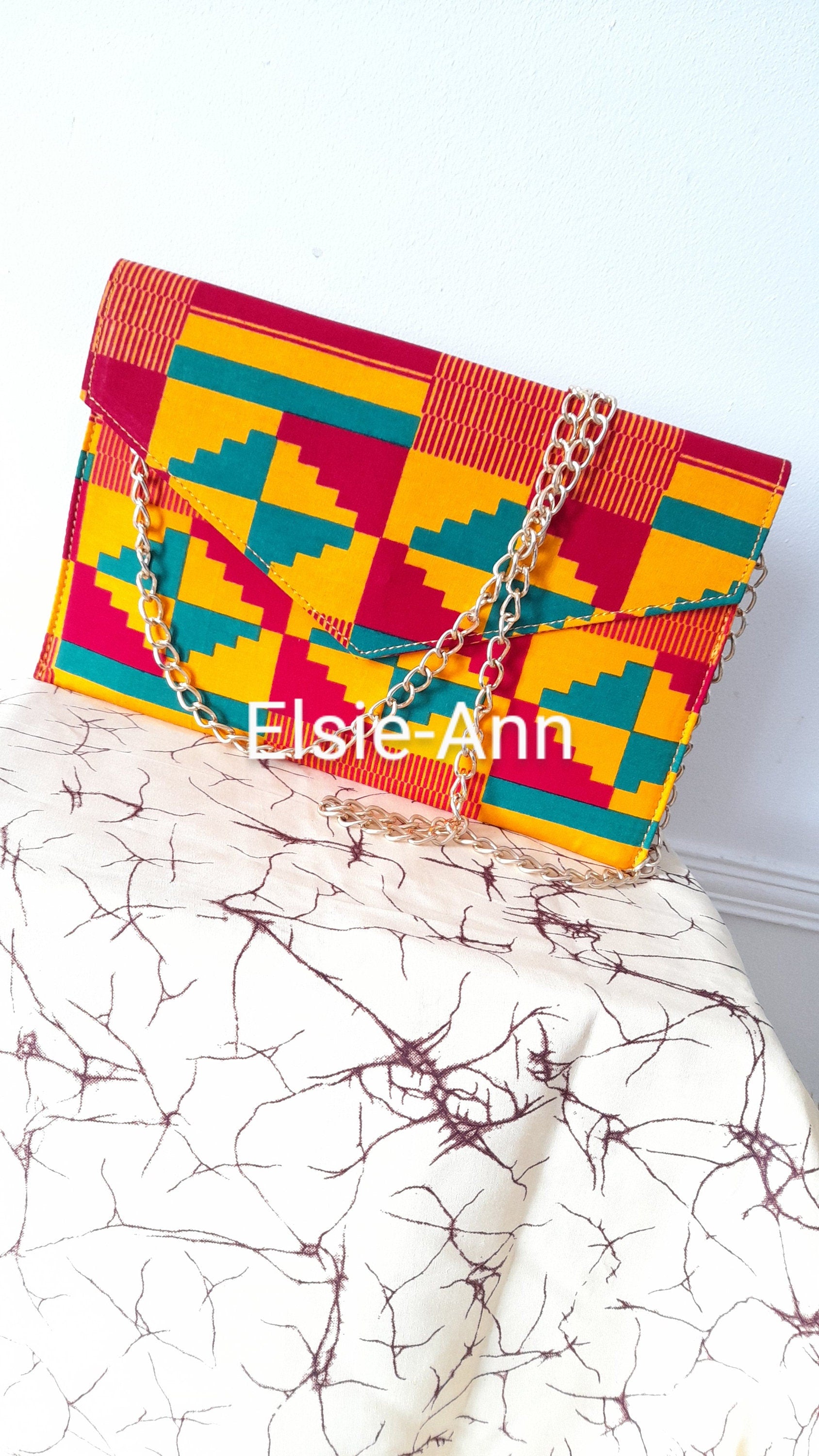 African Wax Print Ankara Kente Clutch Bag with Chain