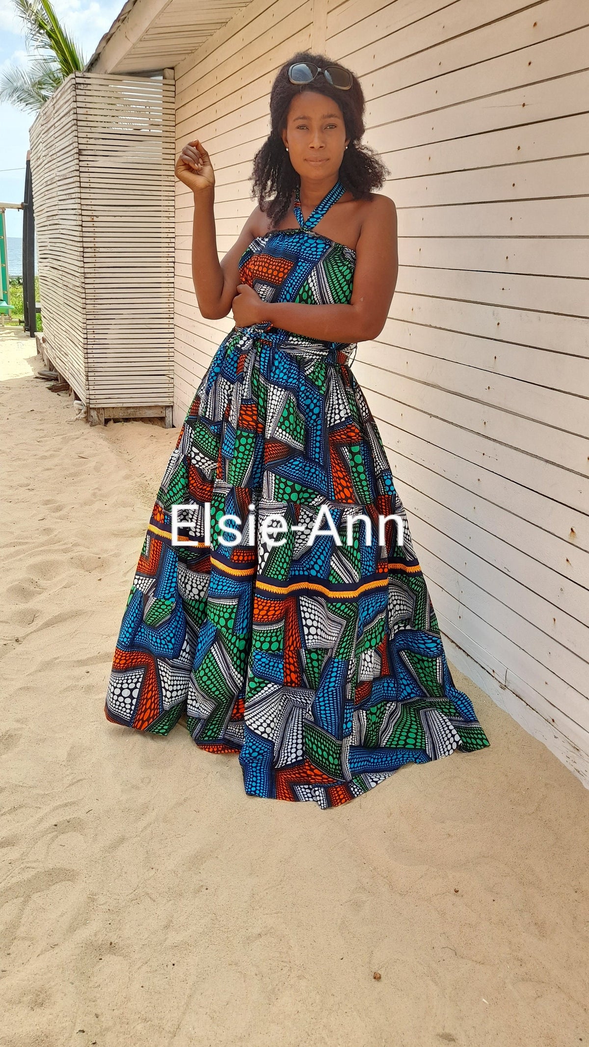 Multi-colour - green, turquoise, white, orange and black African Print/Ankara summer maxi dress.