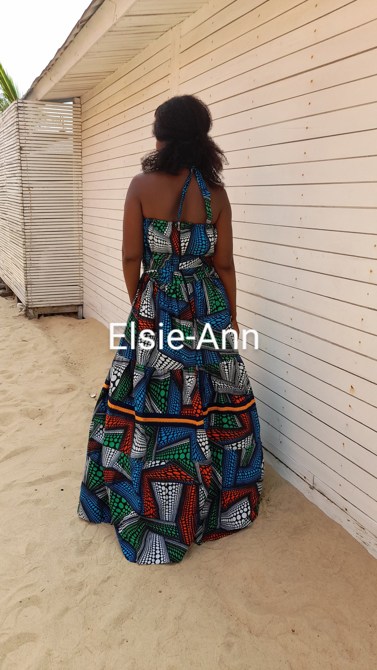 Multi-colour - green, turquoise, white, orange and black African Print/Ankara summer maxi dress.