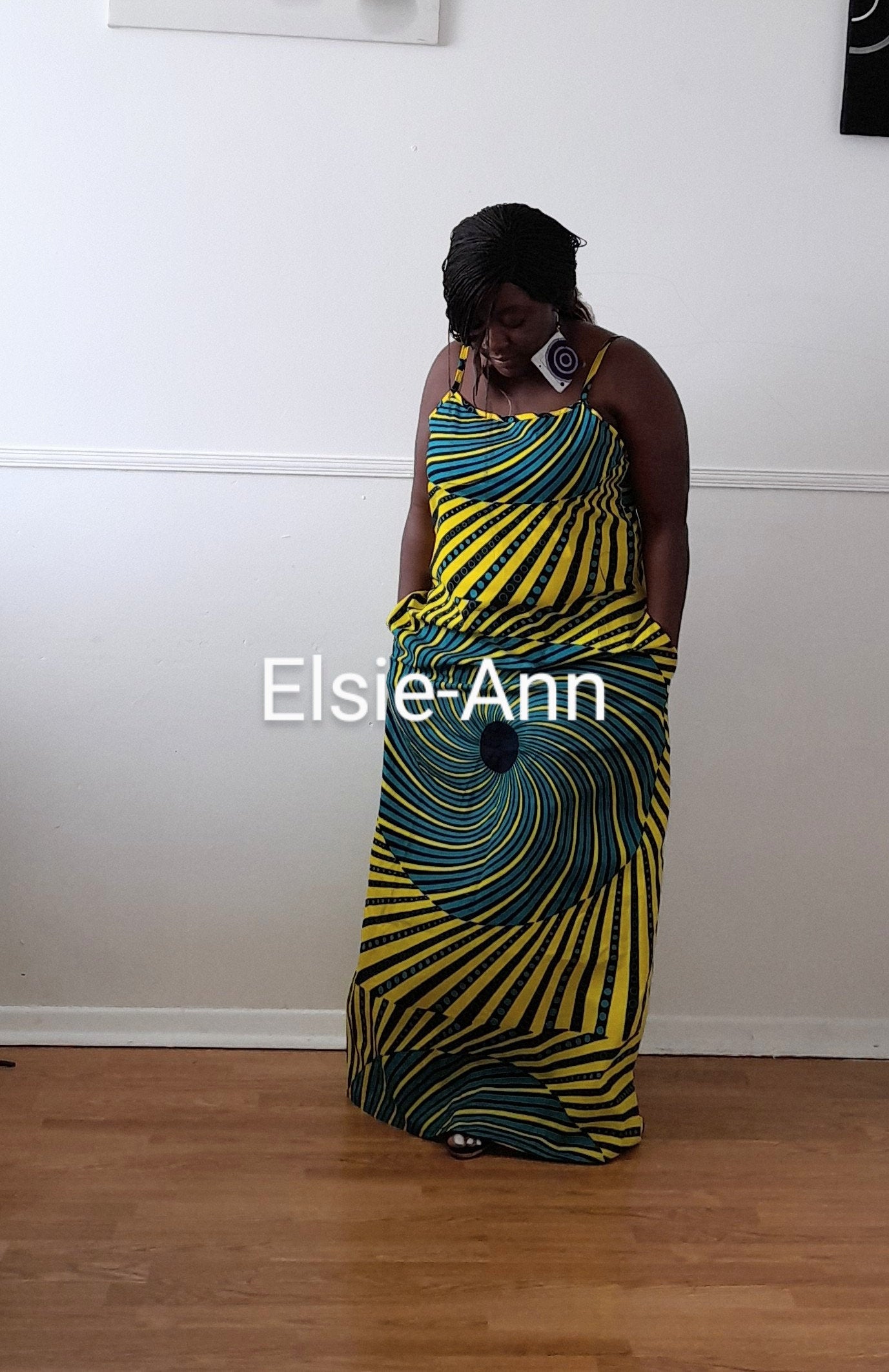 Yellow, Teal and Black Mixed Pattern African Print Ankara Summer Maxi Dress 100% Cotton