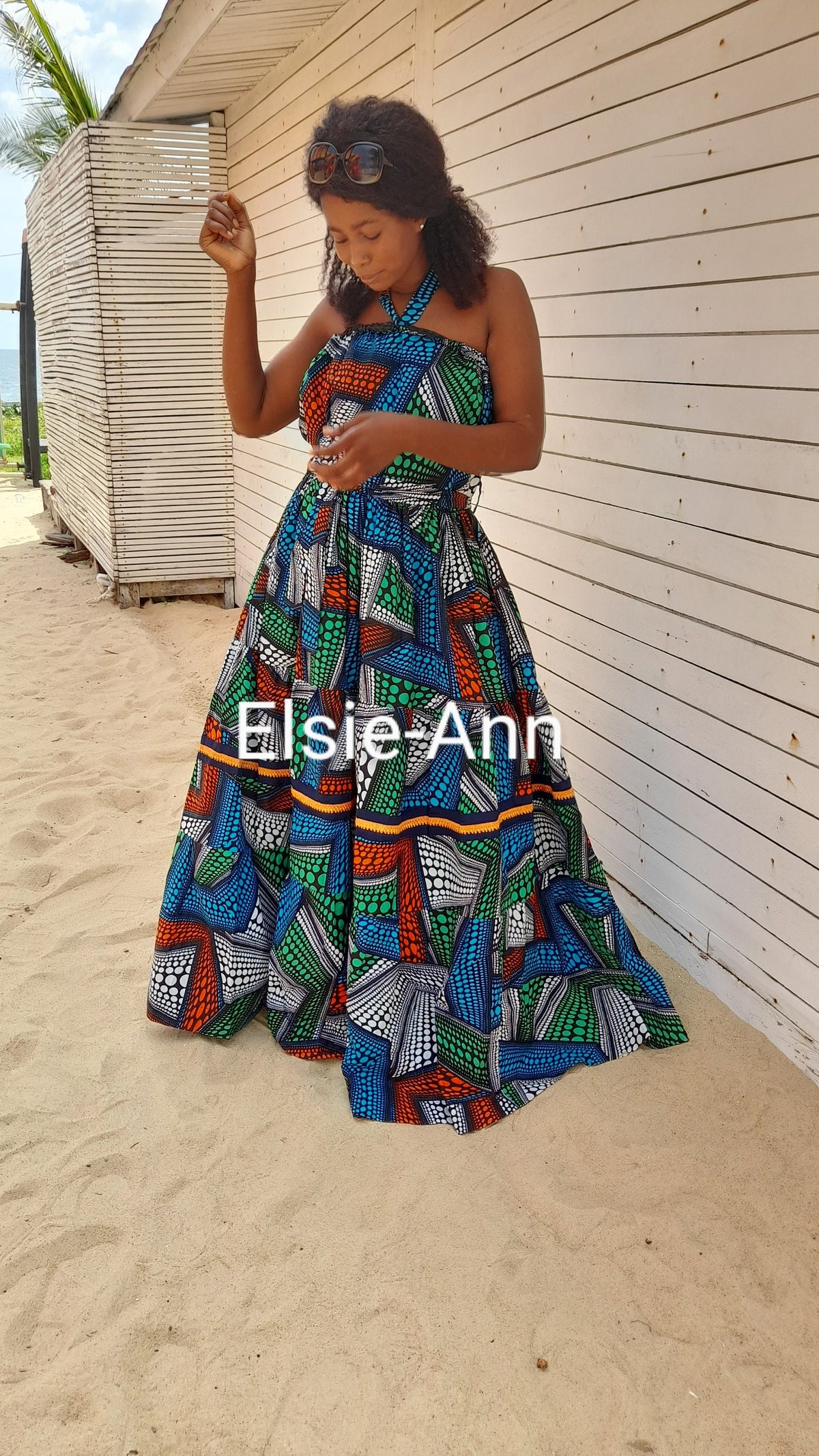 Multi-colour - green, turquoise, white, orange and black African Print/Ankara summer maxi dress.