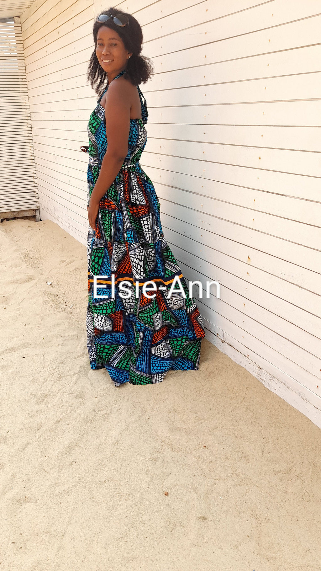 Multi-colour - green, turquoise, white, orange and black African Print/Ankara summer maxi dress.