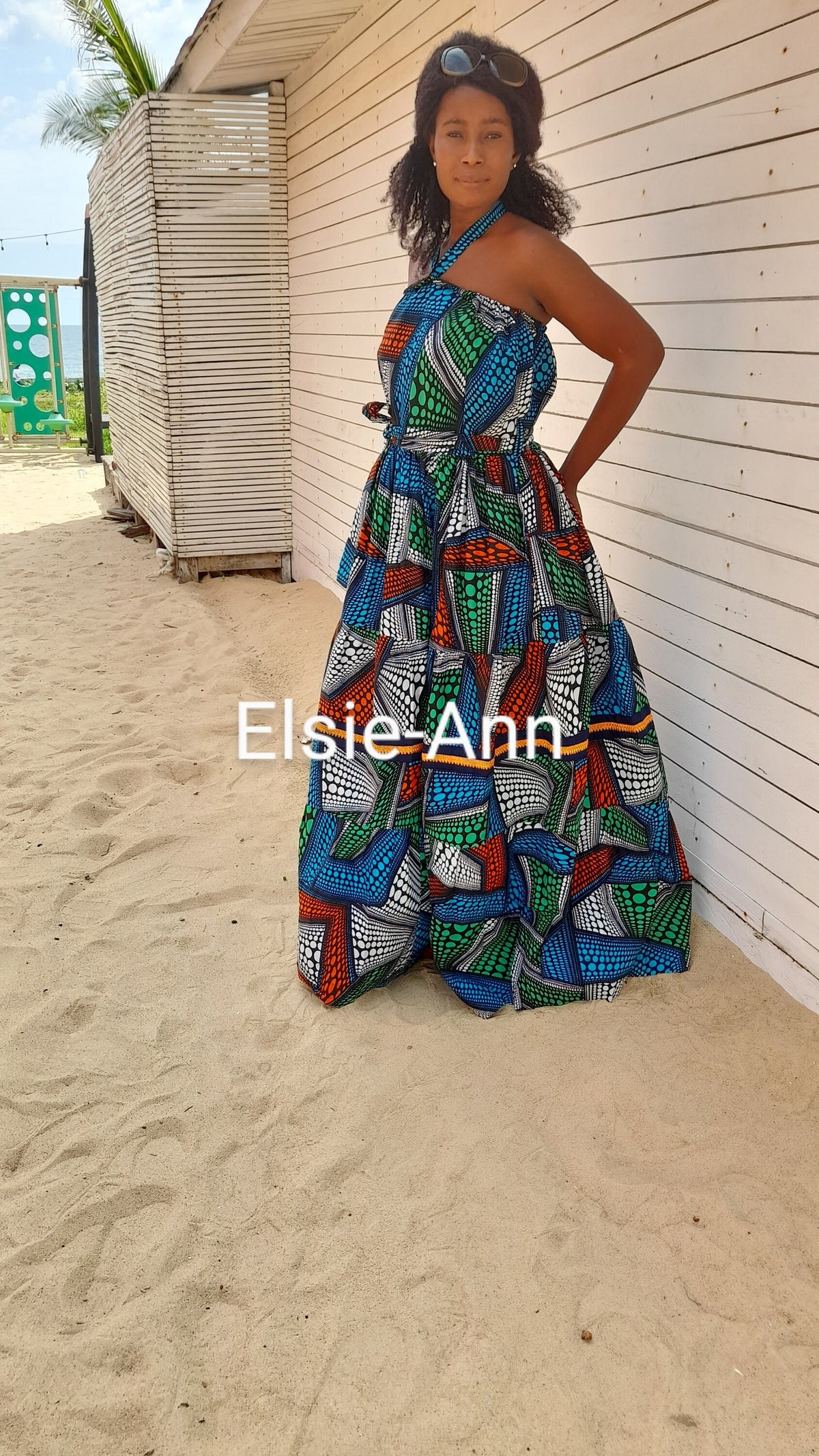 Multi-colour - green, turquoise, white, orange and black African Print/Ankara summer maxi dress.