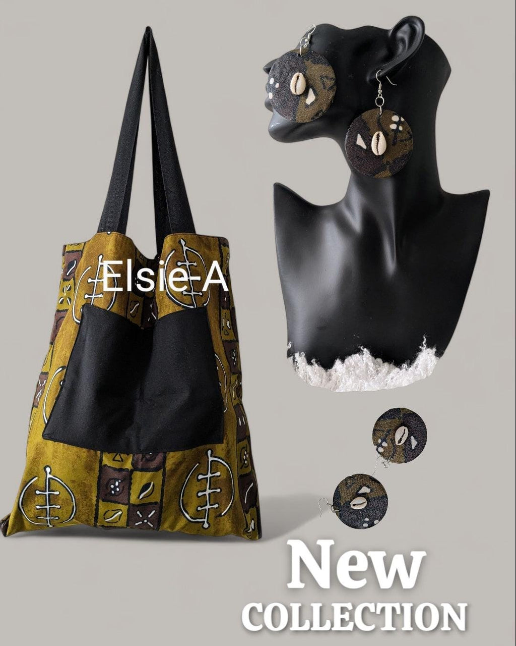 Lined olive green, black & white tote bag with matching earrings