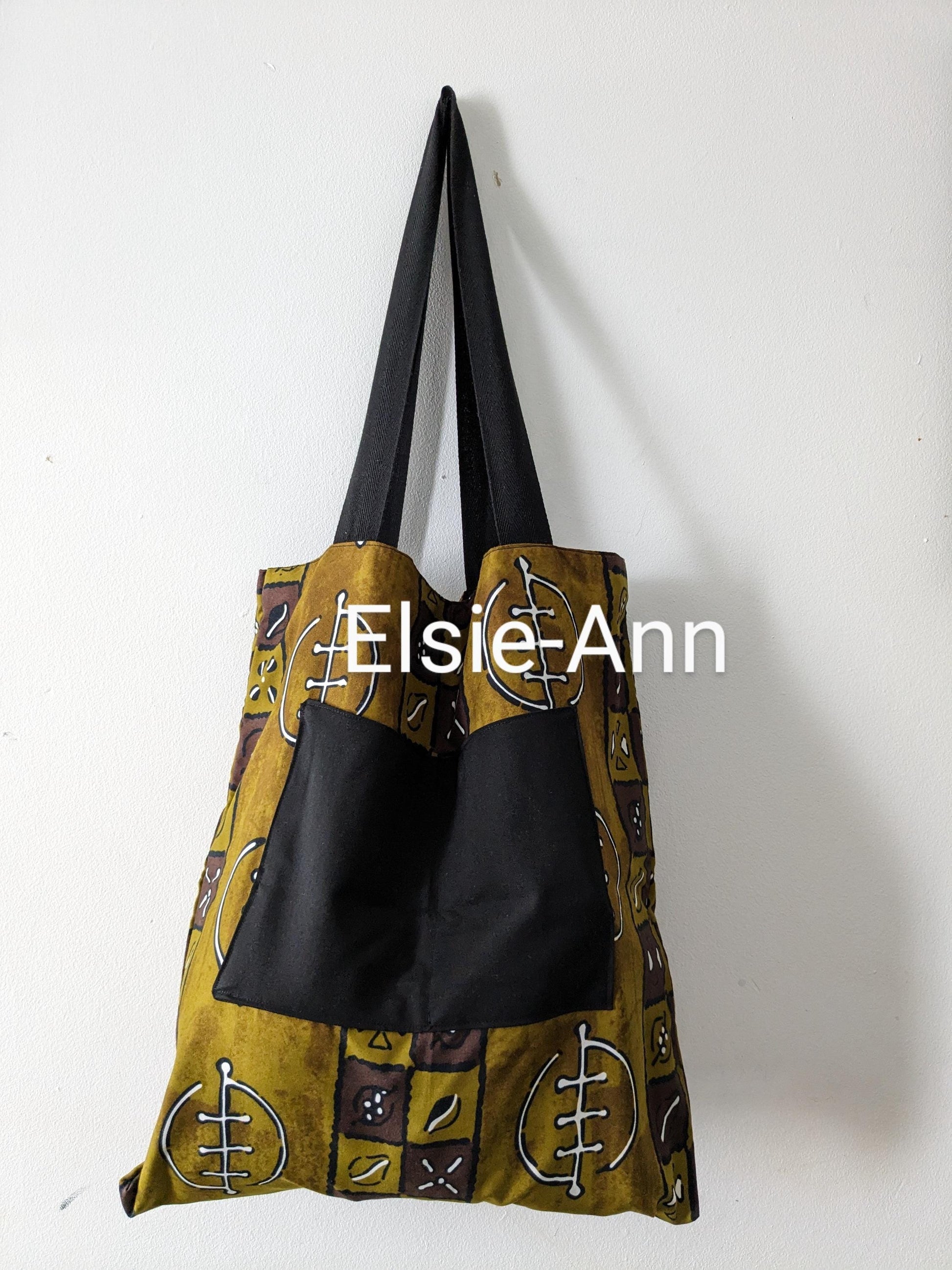 Lined olive green, black & white tote bag with matching earrings