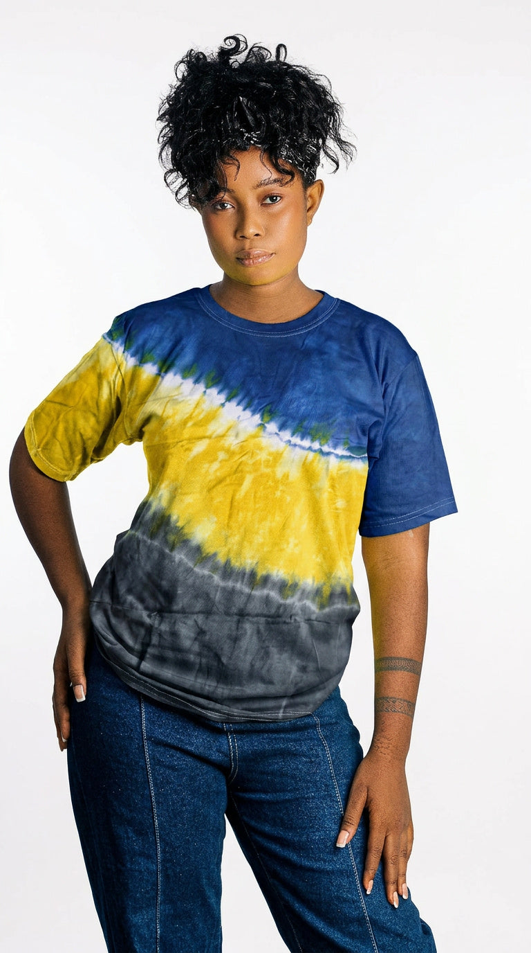 Yellow Blue white & Charcoal Tie-Dye  T- Shirt