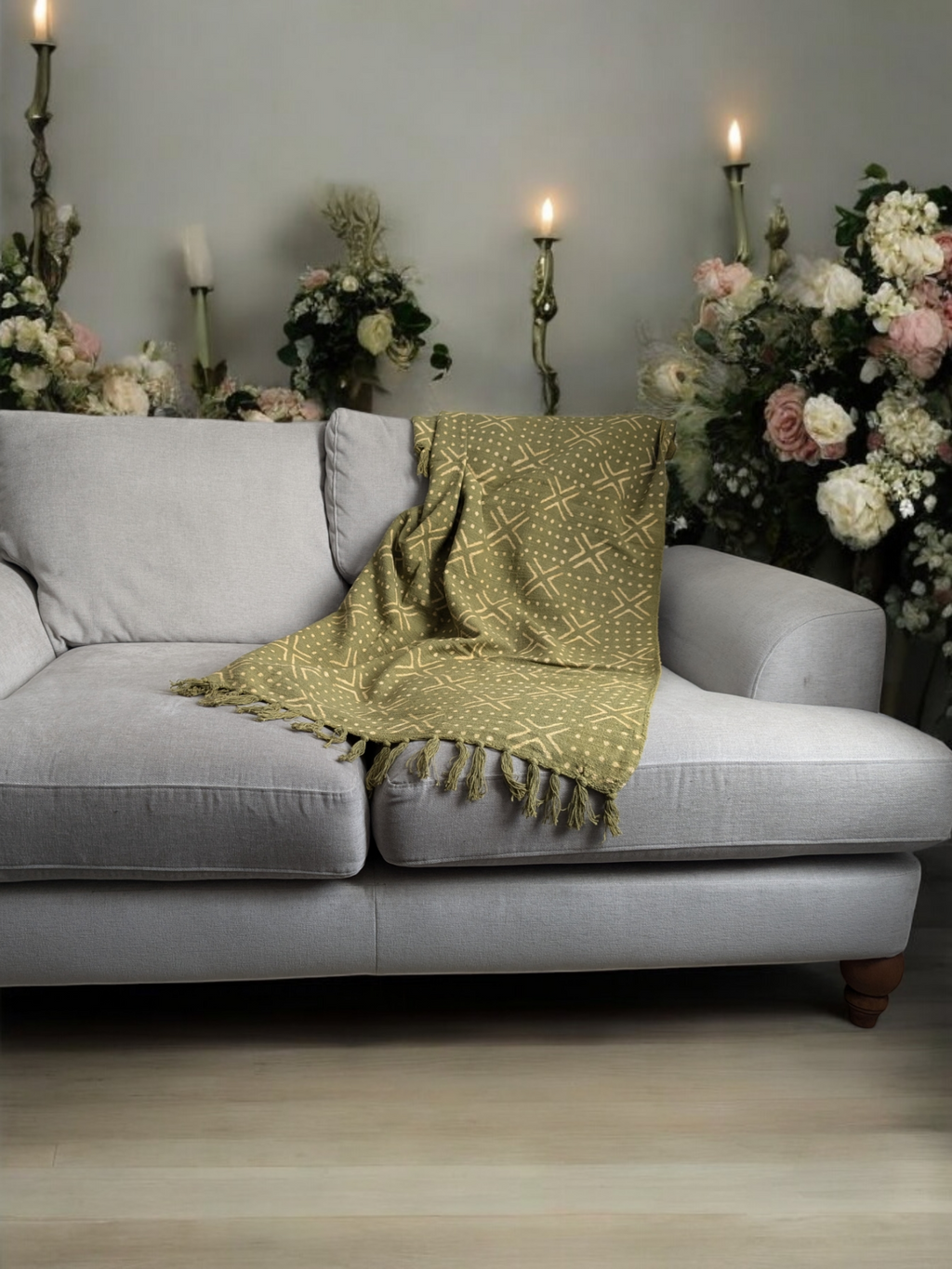 Olive Green Mud Cloth Ethnic Tribal Throw Blanket