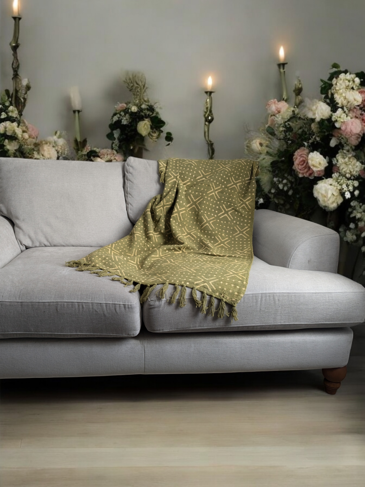 Olive Green Mud Cloth Ethnic Tribal Throw Blanket