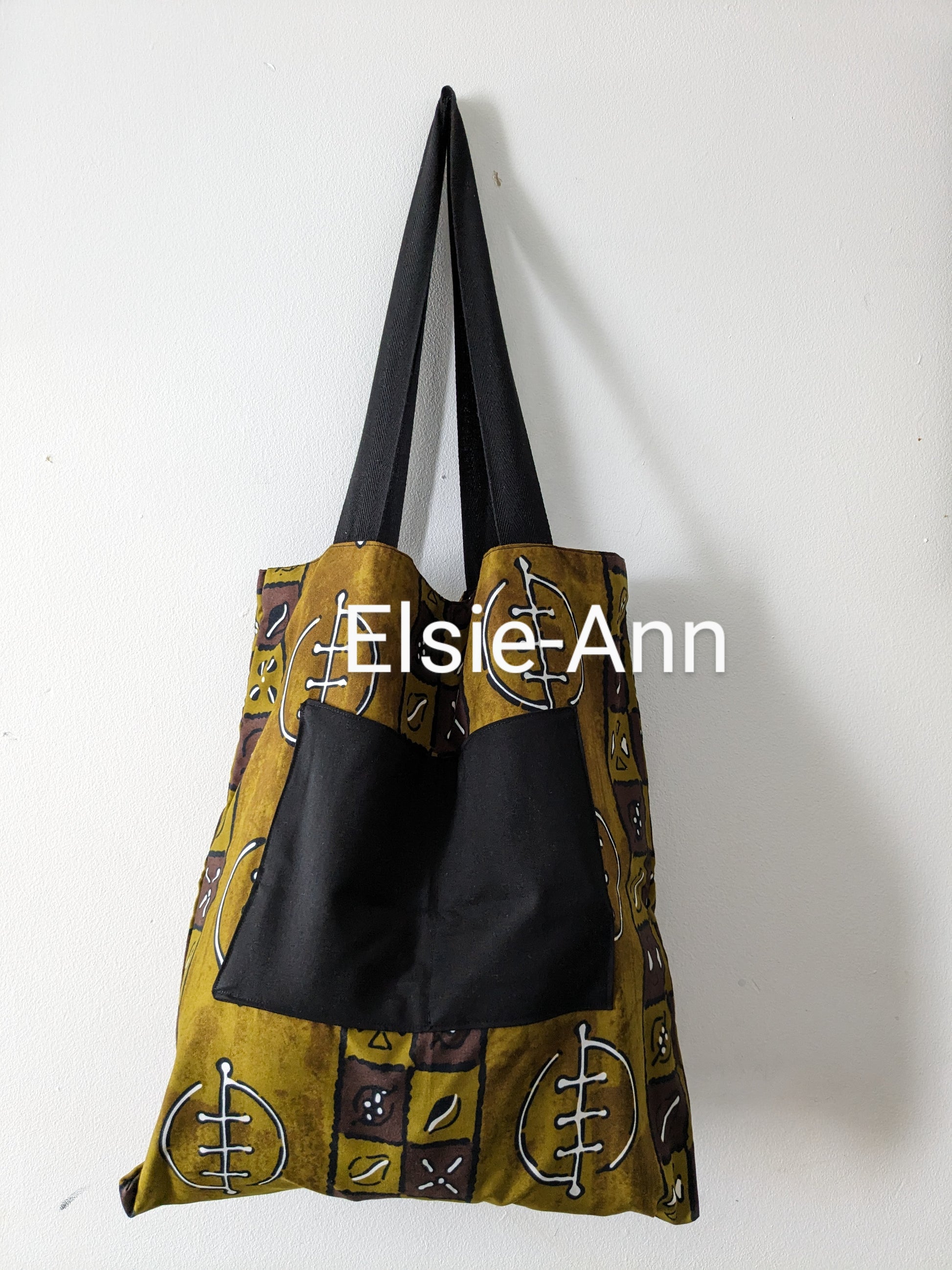 Lined olive green, black & white  tote bag with matching earrings